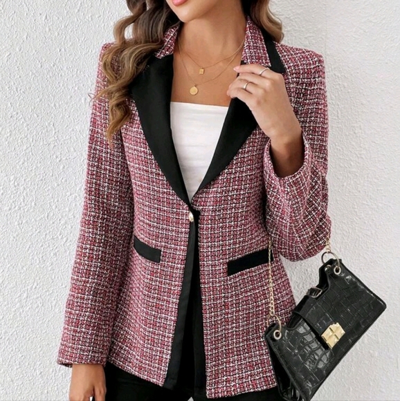 Women's Red Checkered Contrast Color Single Breasted Blazer For New Year - Picture 4 of 4
